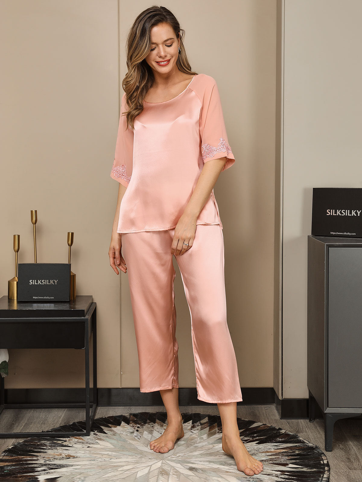 [Pink] SilkSilky  Half Sleeve Round Neck Women's Pajamas 005