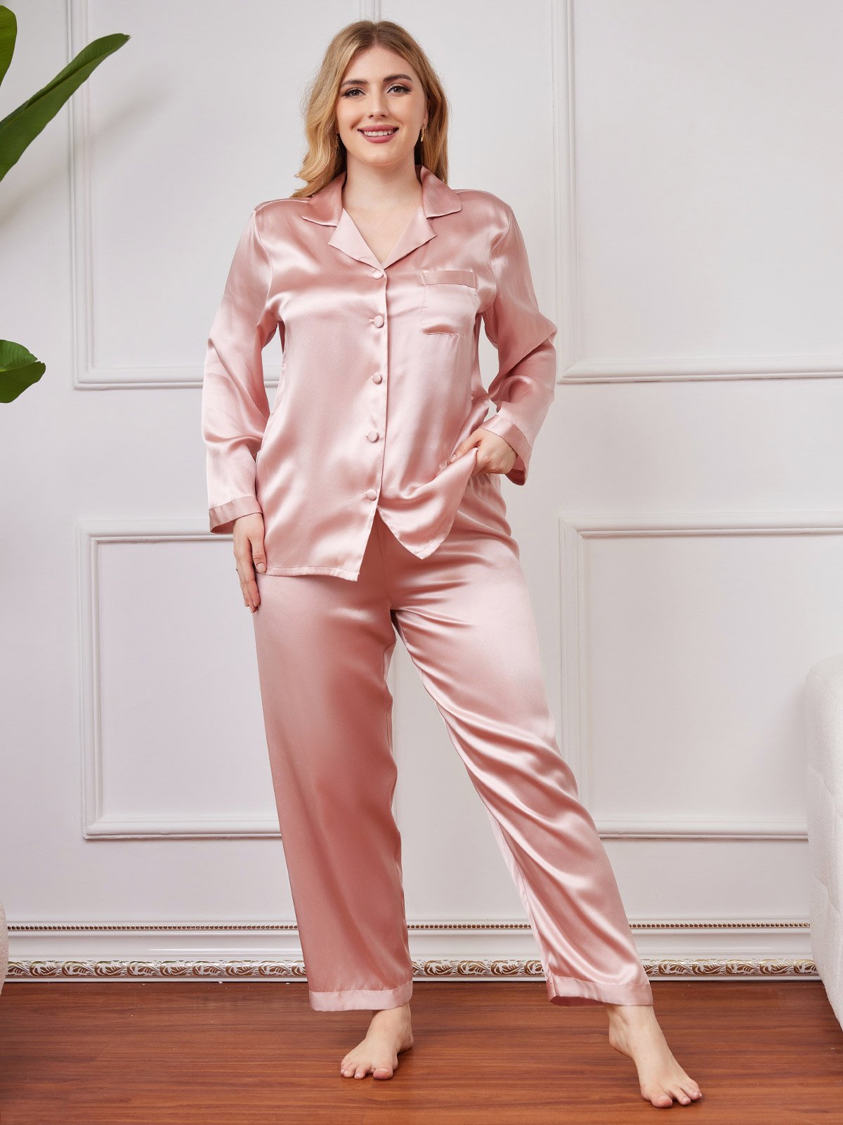 [Pink] SilkSilky Pure Silk Long Sleeve Lapel Plus Size Pajamas 001