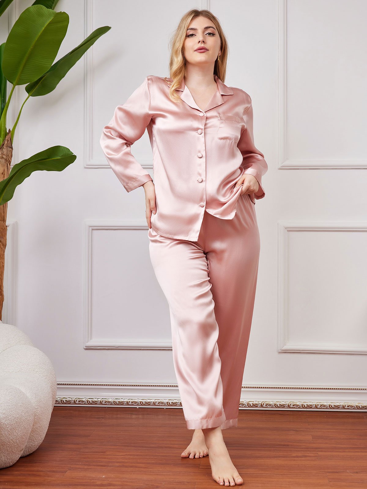 [Pink] SilkSilky Pure Silk Long Sleeve Lapel Plus Size Pajamas 004