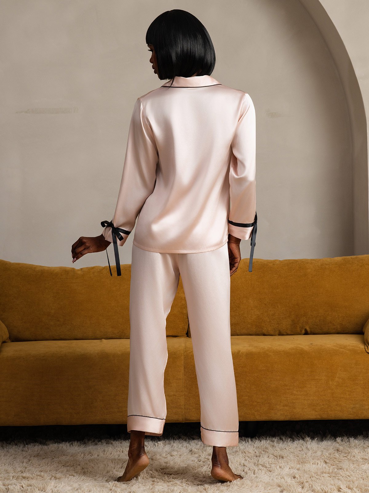 [Pink] SilkSilky Pure Silk Long Sleeve Lapel Women's Pajamas 002