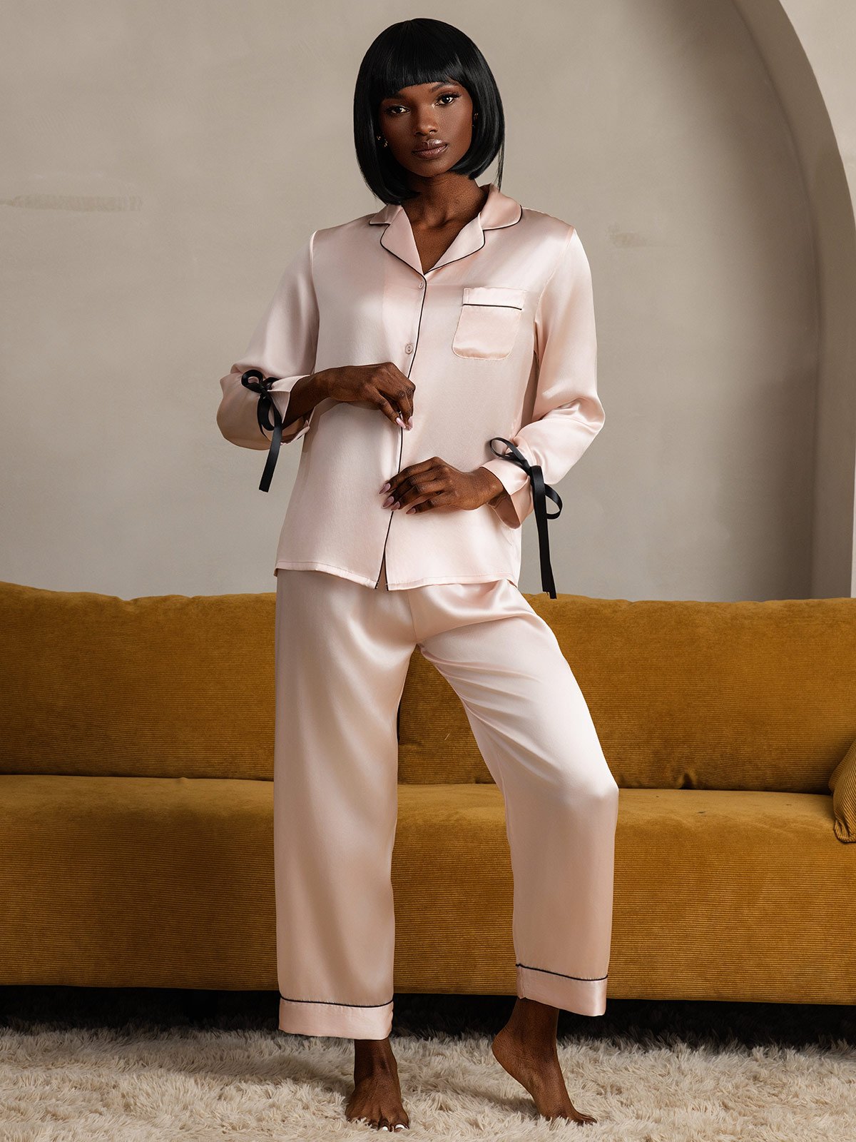 [Pink] SilkSilky Pure Silk Long Sleeve Lapel Women's Pajamas 003