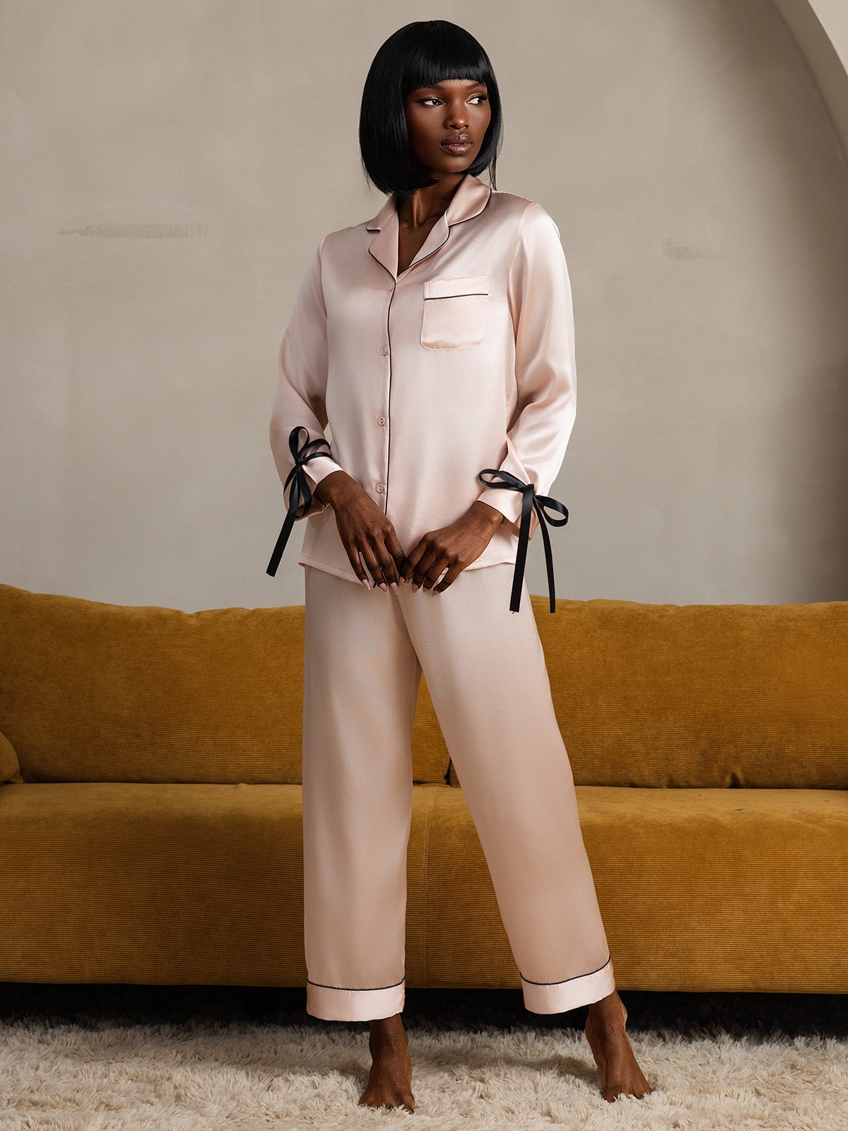 [Pink] SilkSilky Pure Silk Long Sleeve Lapel Women's Pajamas 004