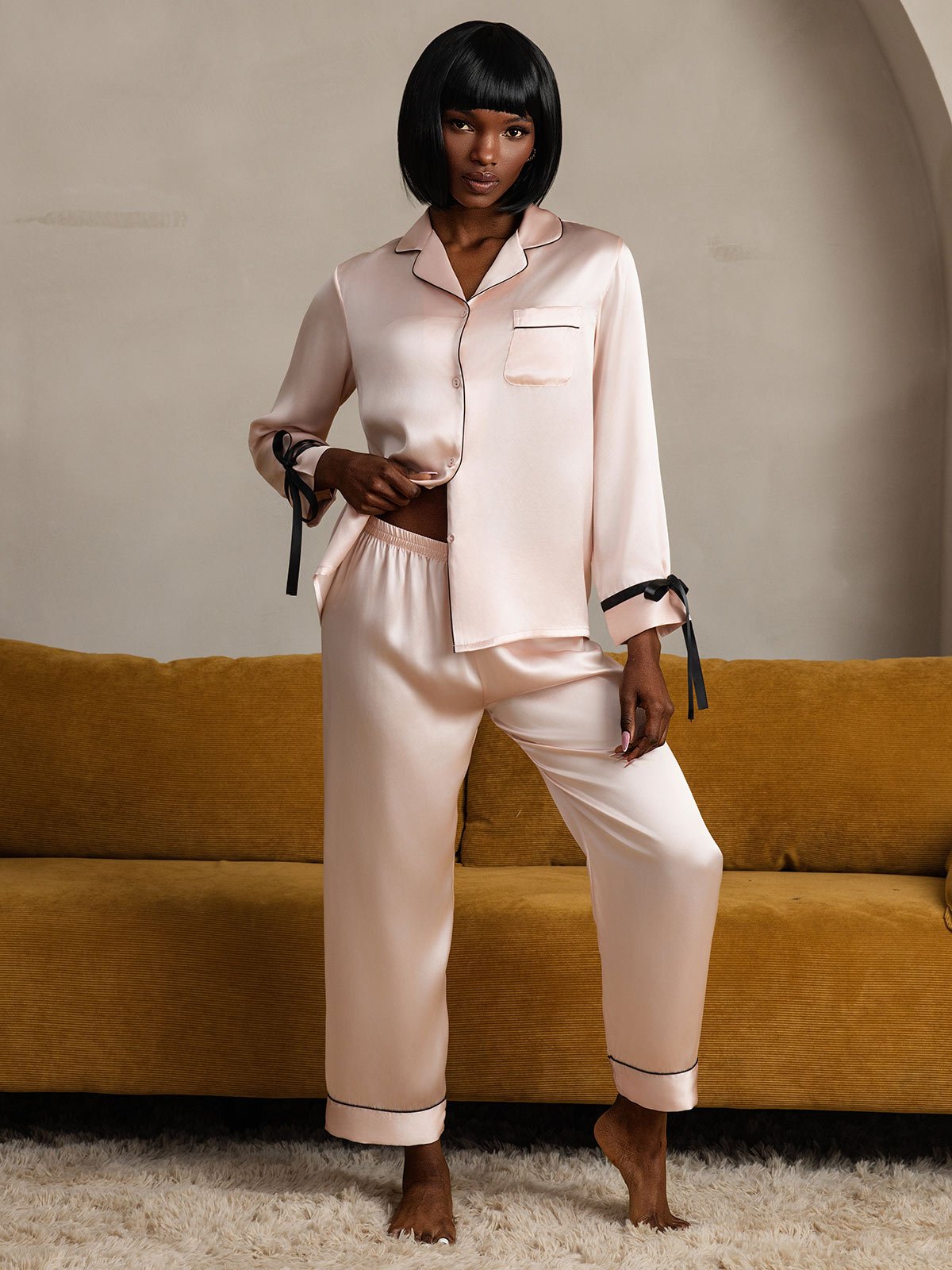 [Pink] SilkSilky Pure Silk Long Sleeve Lapel Women's Pajamas 005