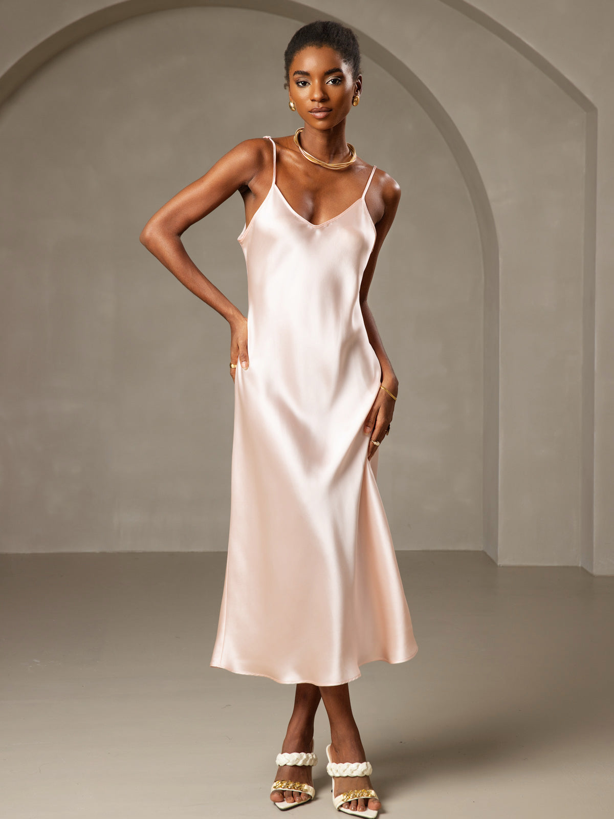 [Pink] SilkSilky  Pure Silk Round Neck Dress 004