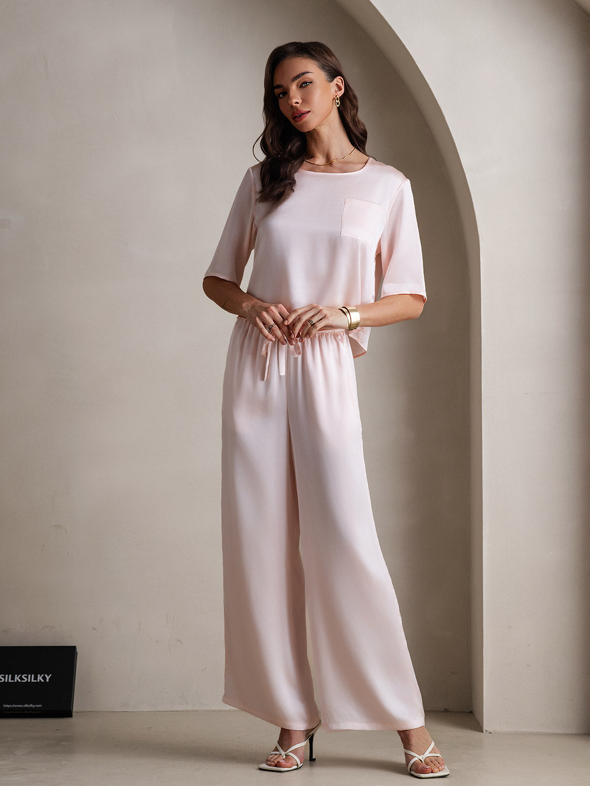 [Pink] SilkSilky  Pure Silk Round Neck Women's Pajamas 005