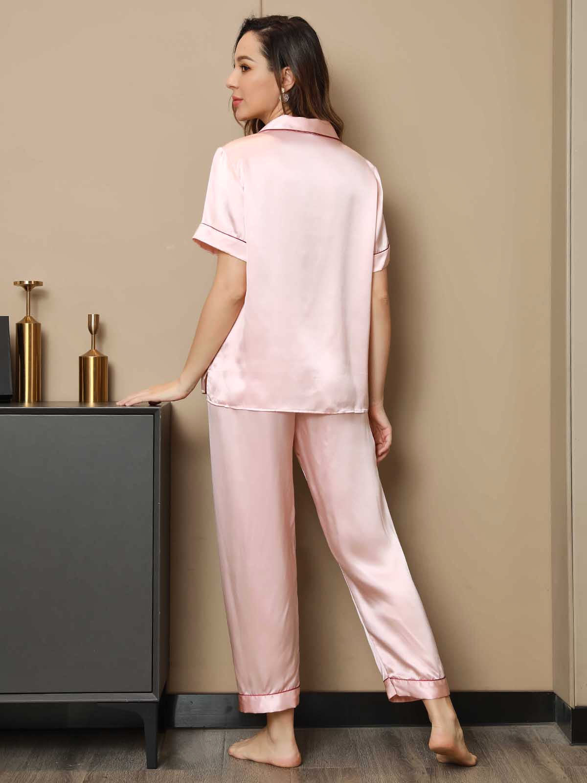 [Pink] SilkSilky Pure Silk Short Sleeve Lapel Women's Pajamas 002