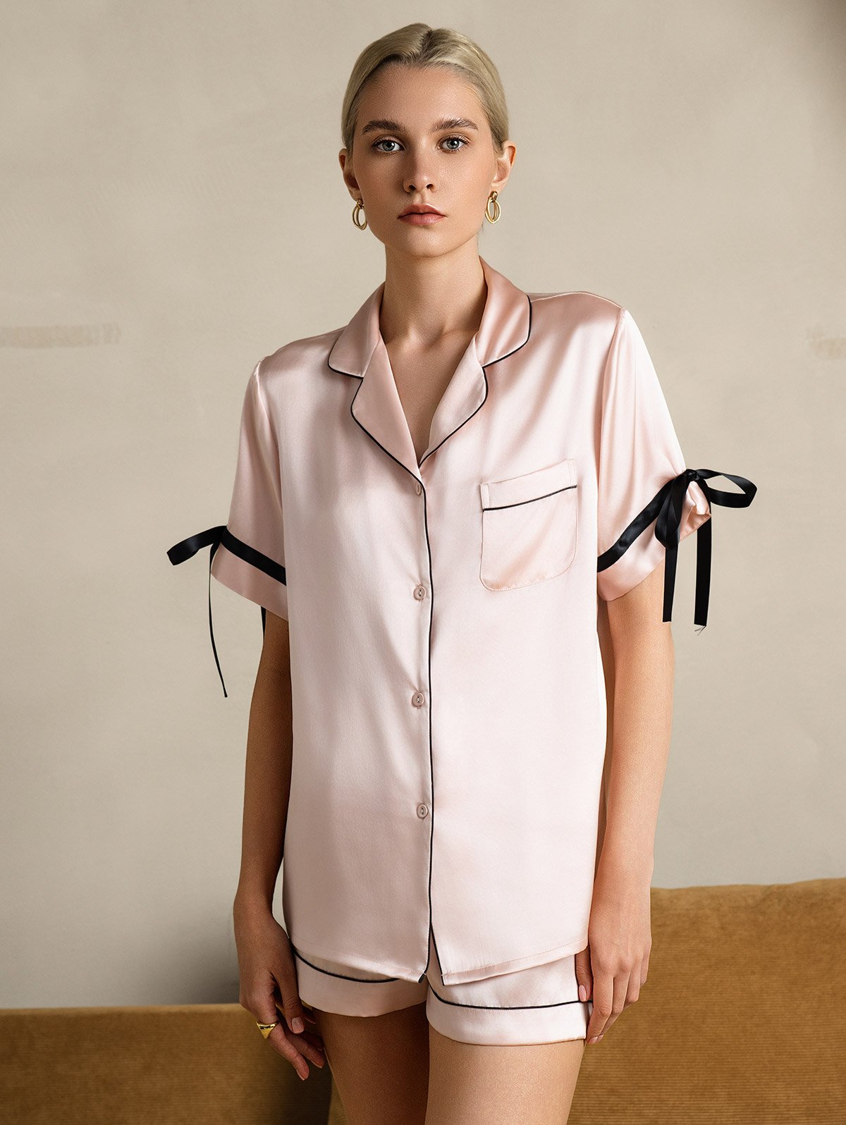 [Pink] SilkSilky Pure Silk Short Sleeve Lapel Women's Pajamas 004