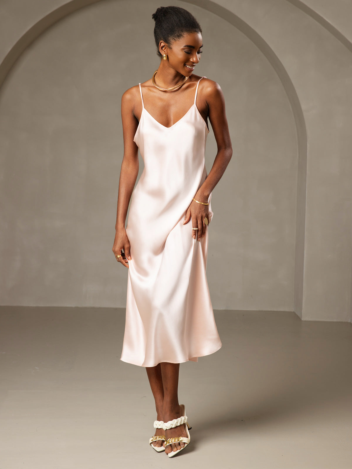 [Pink] SilkSilky Pure Silk Sleeveless Round Neck Dress 001