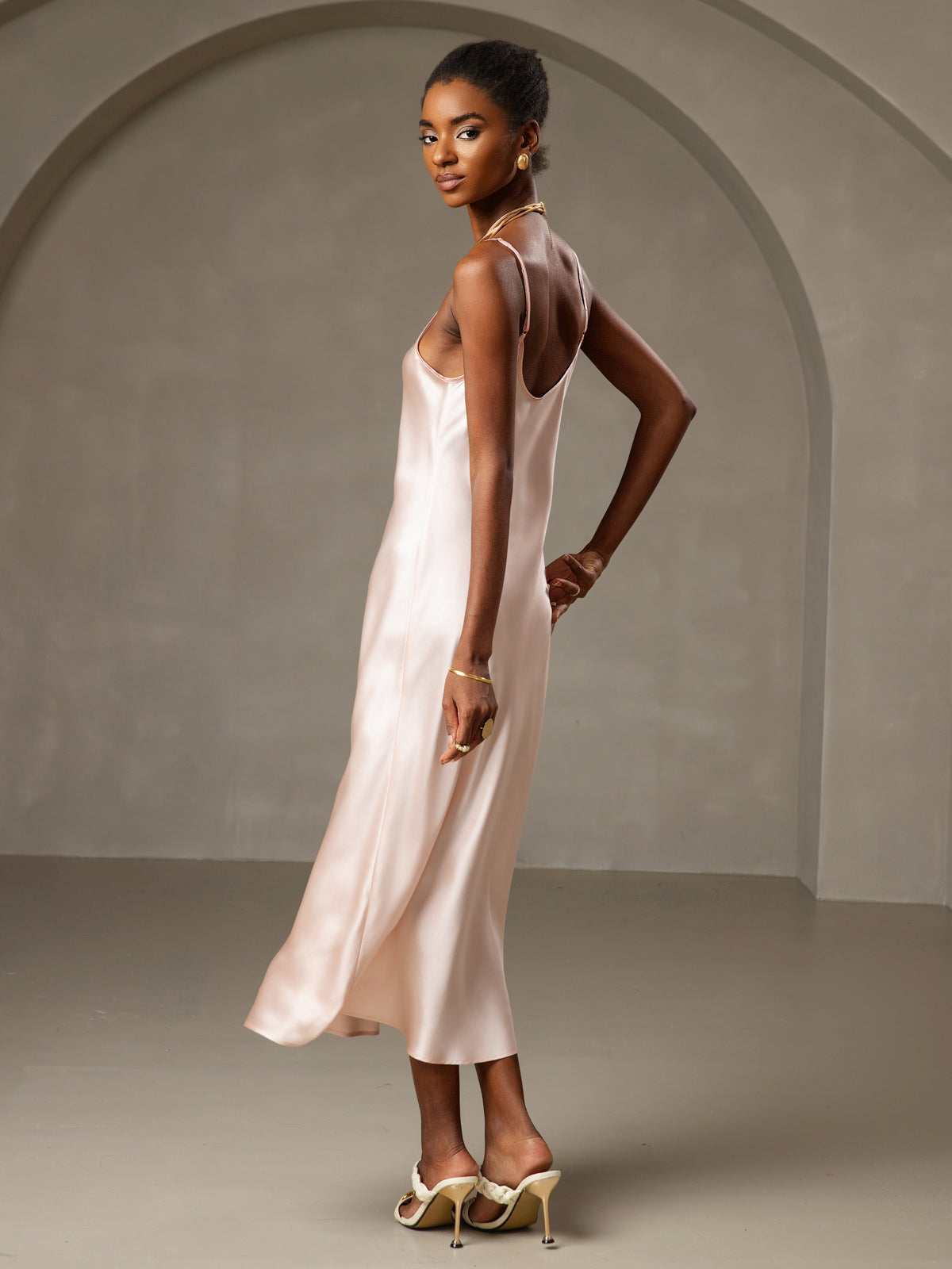 [Pink] SilkSilky Pure Silk Sleeveless Round Neck Dress 002