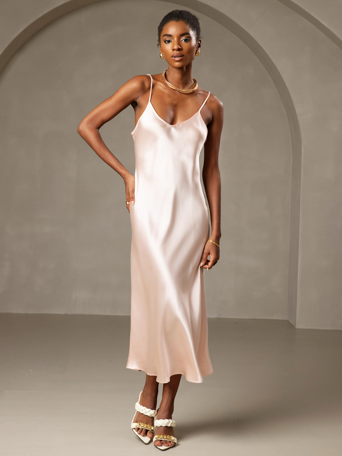 [Pink] SilkSilky Pure Silk Sleeveless Round Neck Dress 003