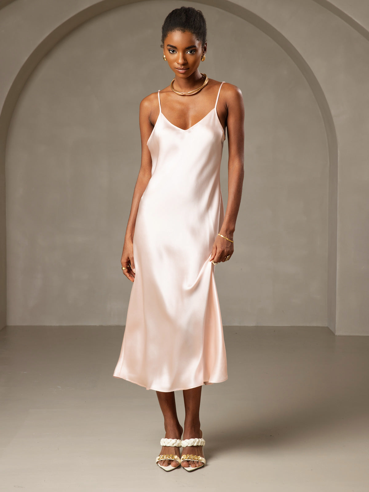 [Pink] SilkSilky Pure Silk Sleeveless Round Neck Dress 004