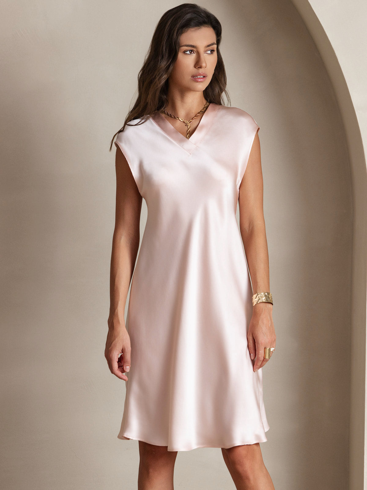 [Pink] SilkSilky Pure Silk Sleeveless V Neck Dress 006