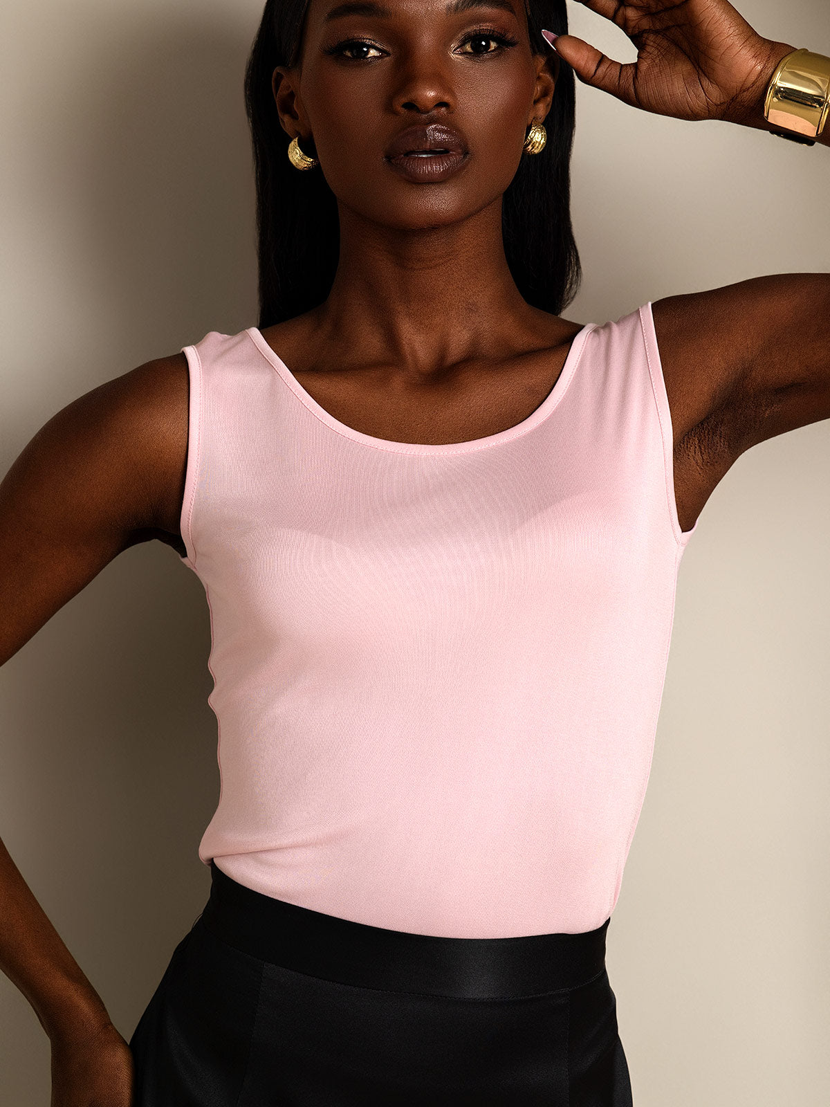 [Pink] SilkSilky Silk Knitted Sleeveless Round Neck Women's T-Shirt 003