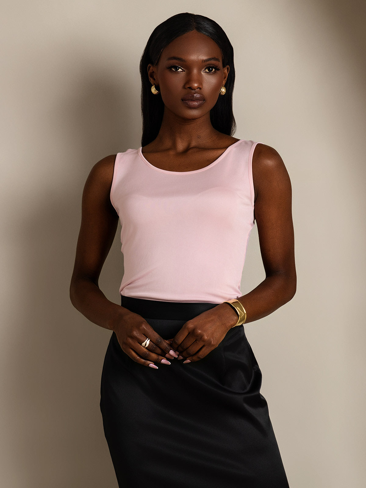 [Pink] SilkSilky Silk Knitted Sleeveless Round Neck Women's T-Shirt 004