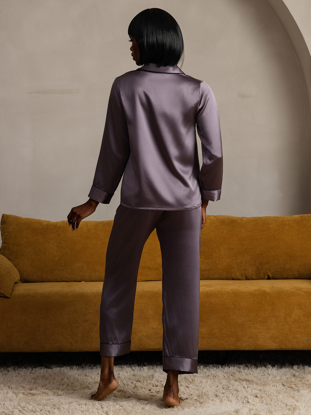 [Purple Gray] SilkSilky 22Momme Pure Silk Long Sleeve Lapel Women's Pajamas 002