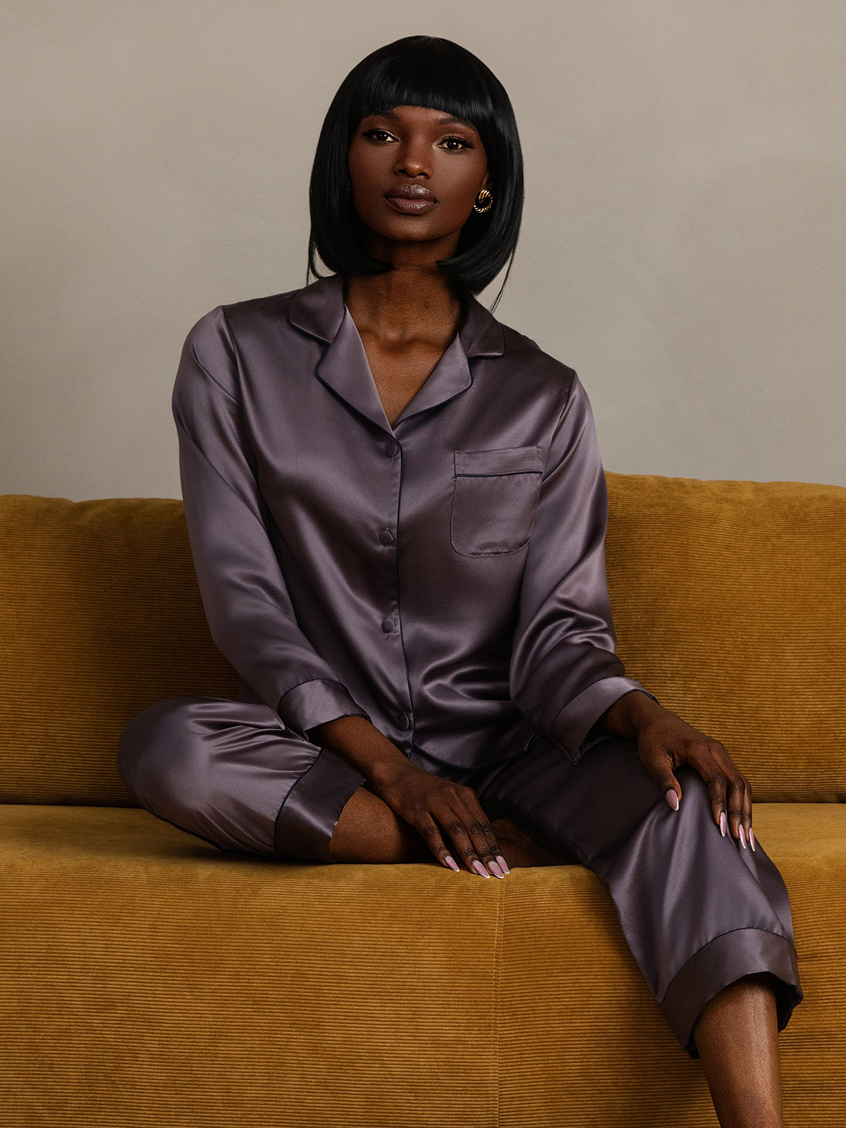 [Purple Gray] SilkSilky 22Momme Pure Silk Long Sleeve Lapel Women's Pajamas 003
