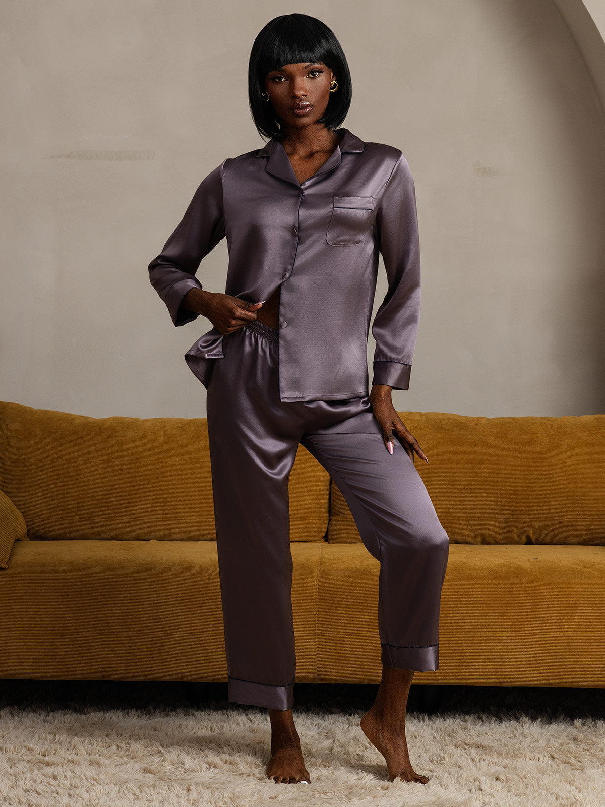 [Purple Gray] SilkSilky 22Momme Pure Silk Long Sleeve Lapel Women's Pajamas 004