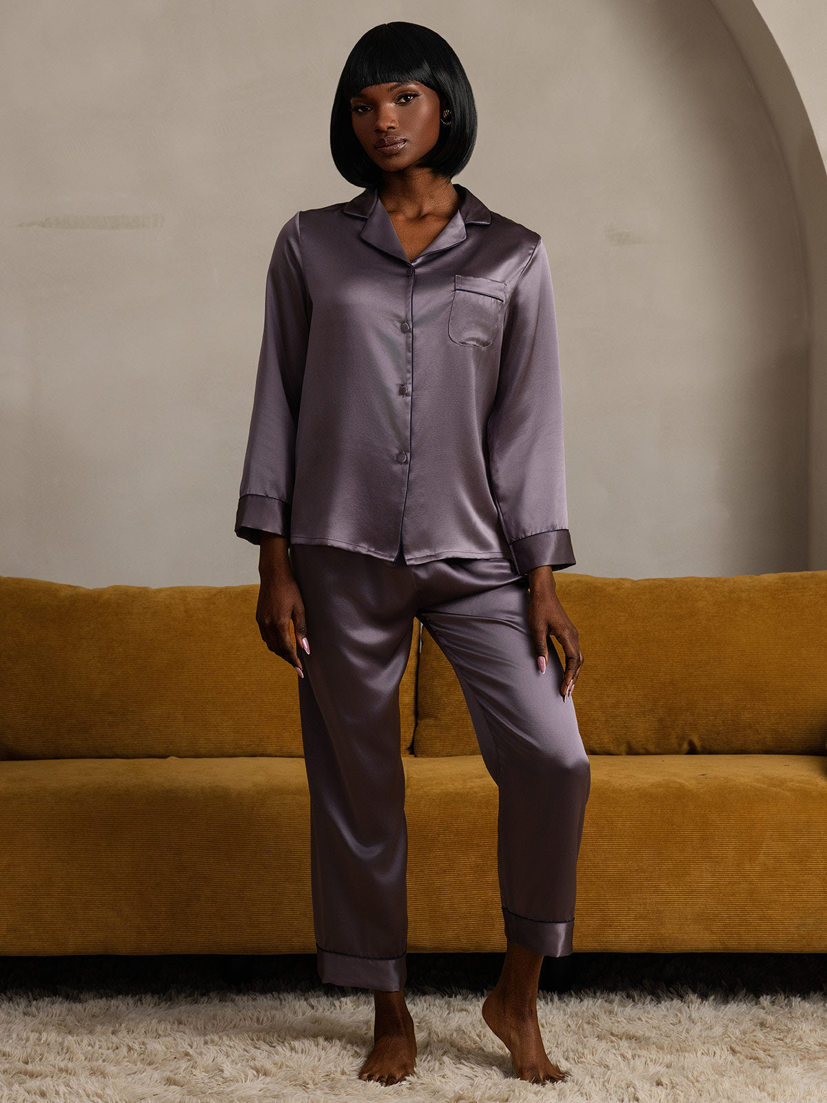 [Purple Gray] SilkSilky 22Momme Pure Silk Long Sleeve Lapel Women's Pajamas 006
