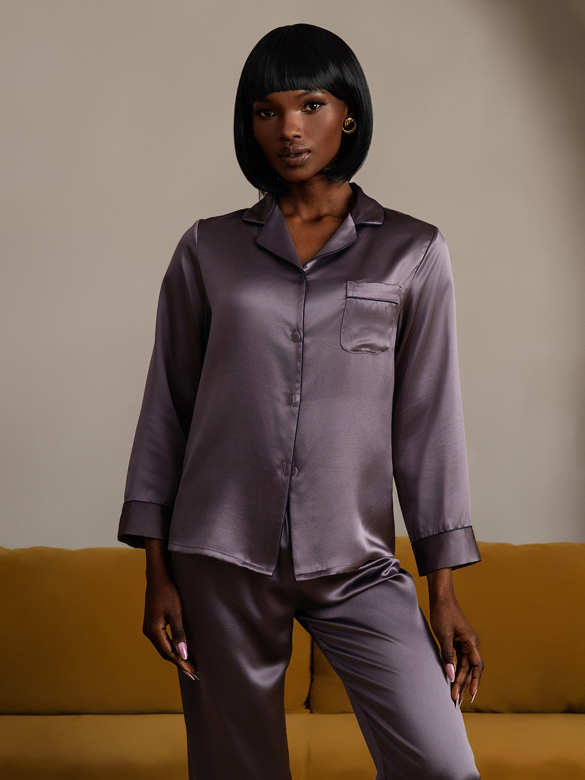 [Purple Gray] SilkSilky 22Momme Pure Silk Long Sleeve Lapel Women's Pajamas 007