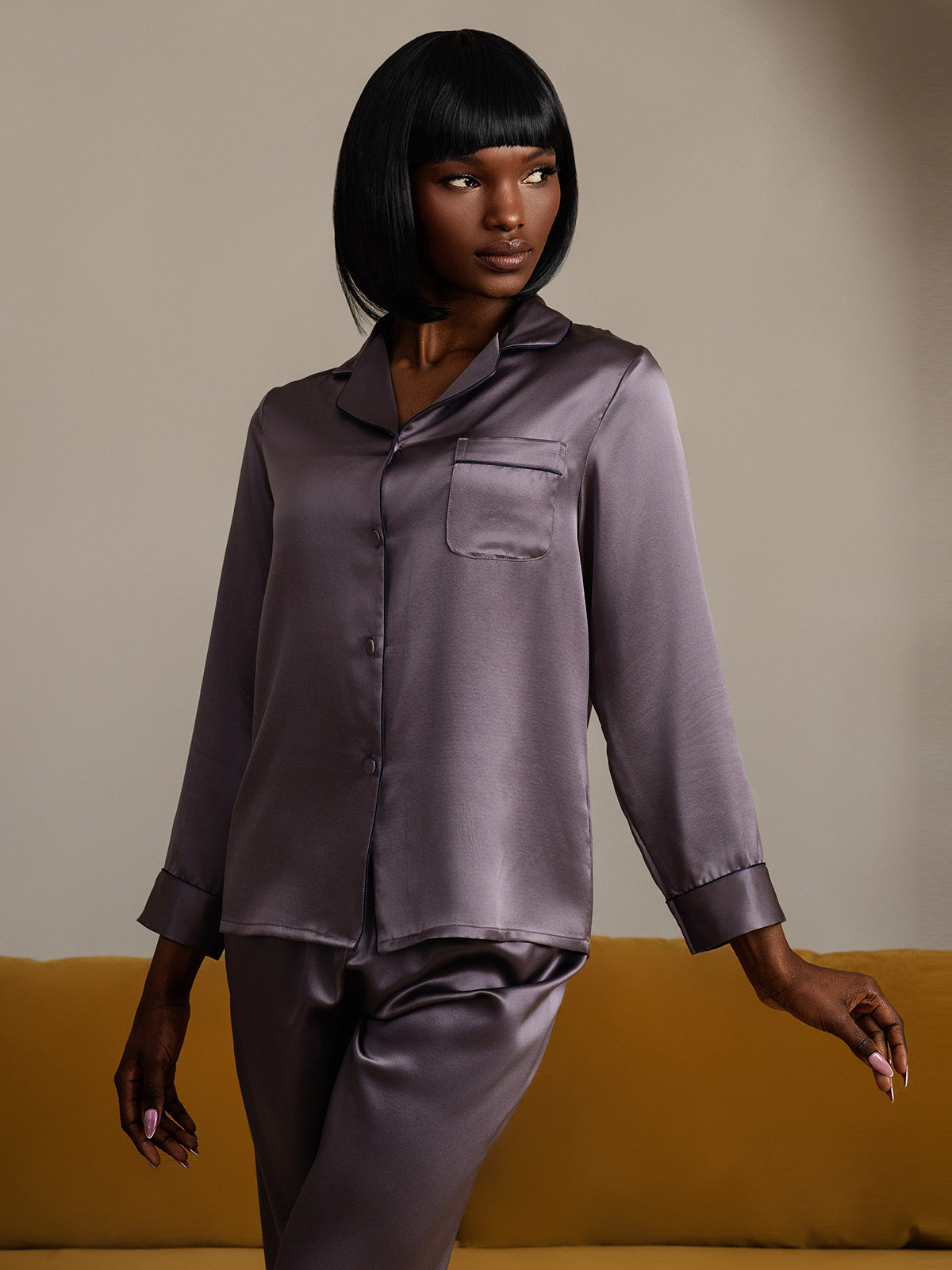 [Purple Gray] SilkSilky 22Momme Pure Silk Long Sleeve Lapel Women's Pajamas 008