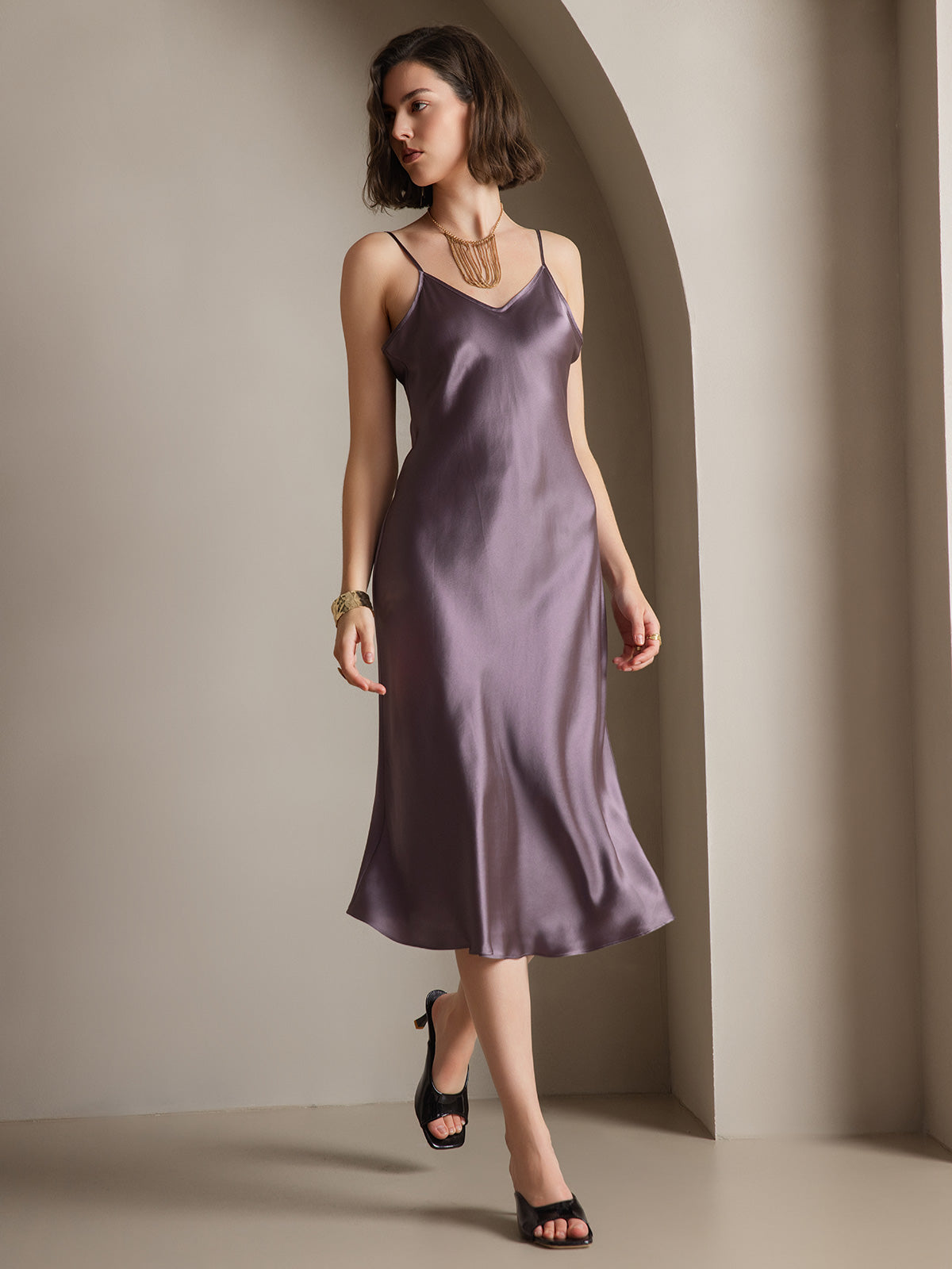 [Purple Gray] SilkSilky Pure Silk Deep V Neck Dress 001