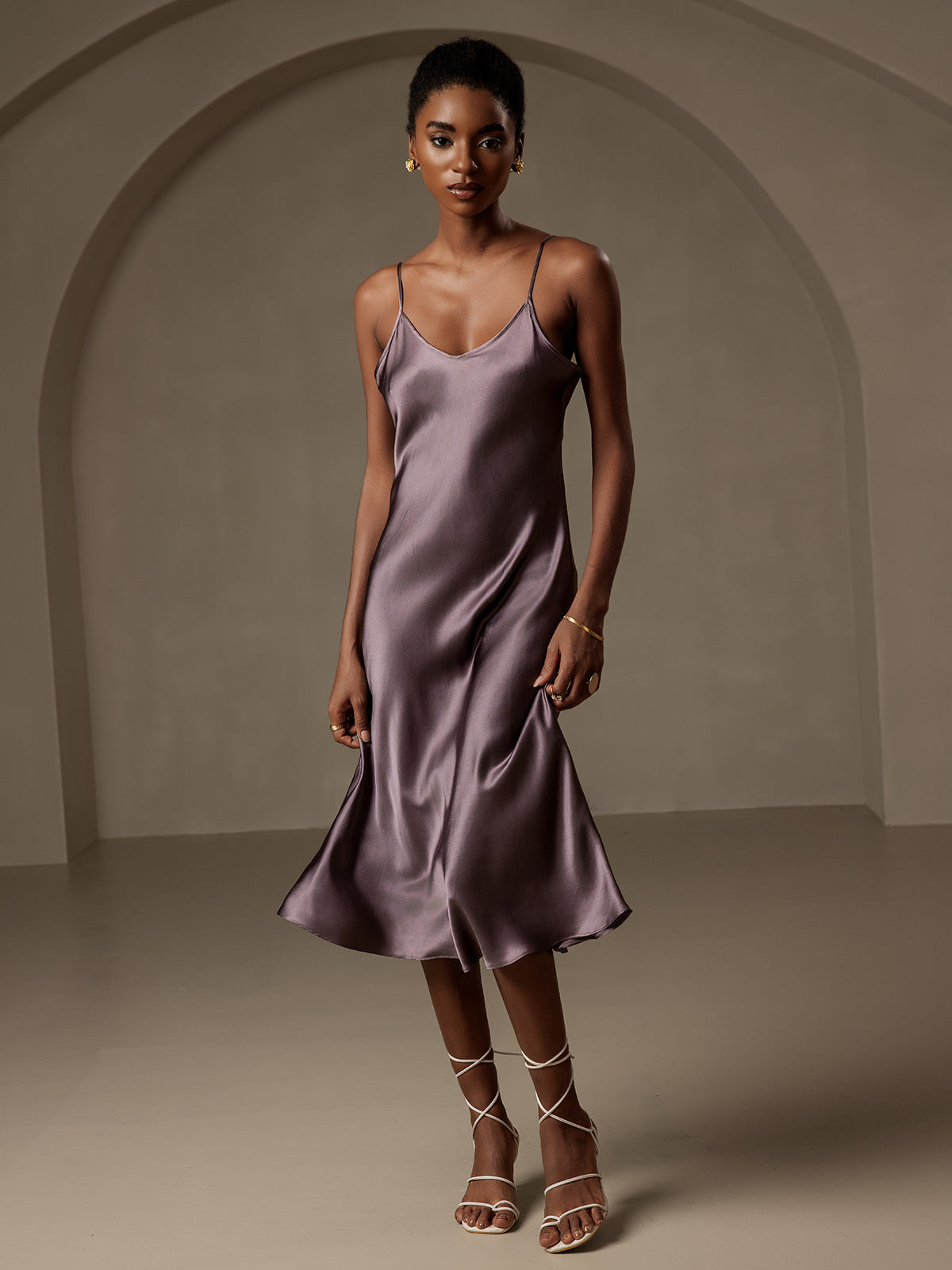 [Purple Gray] SilkSilky  Pure Silk Deep V Neck Dress 001