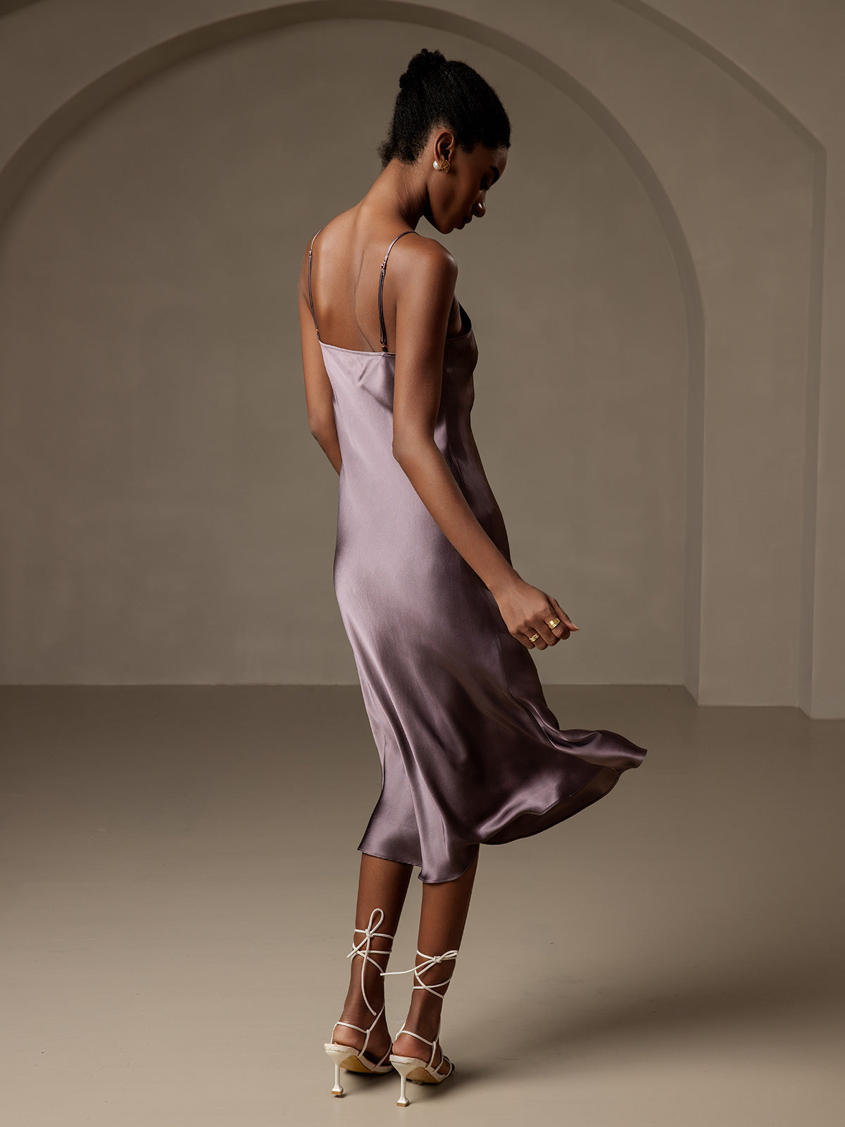 [Purple Gray] SilkSilky  Pure Silk Deep V Neck Dress 002