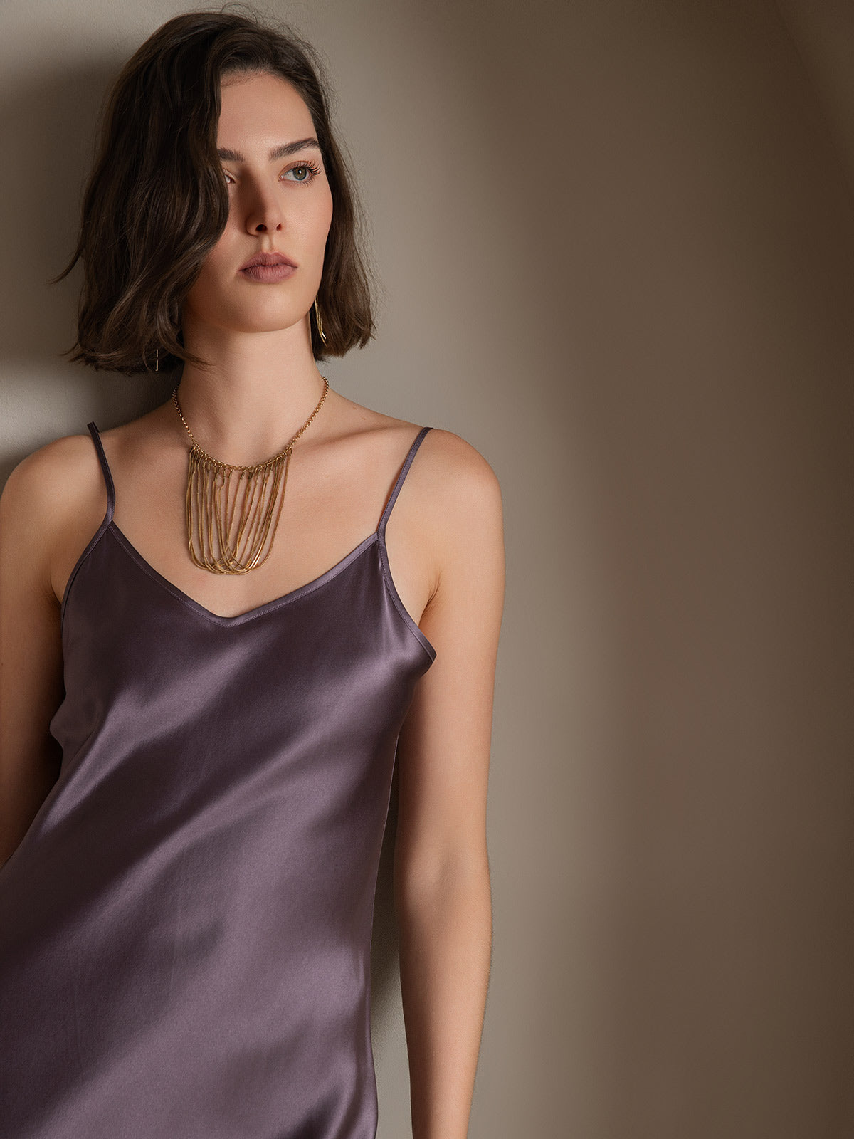 [Purple Gray] SilkSilky Pure Silk Deep V Neck Dress 004