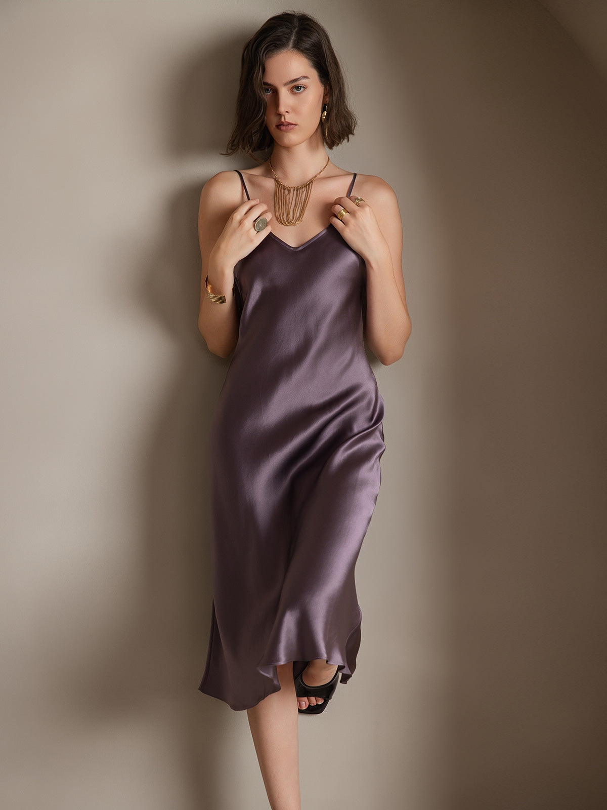 [Purple Gray] SilkSilky Pure Silk Deep V Neck Dress 005