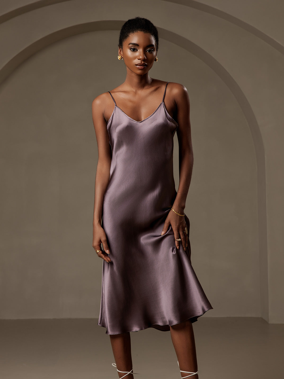 [Purple Gray] SilkSilky  Pure Silk Deep V Neck Dress 005