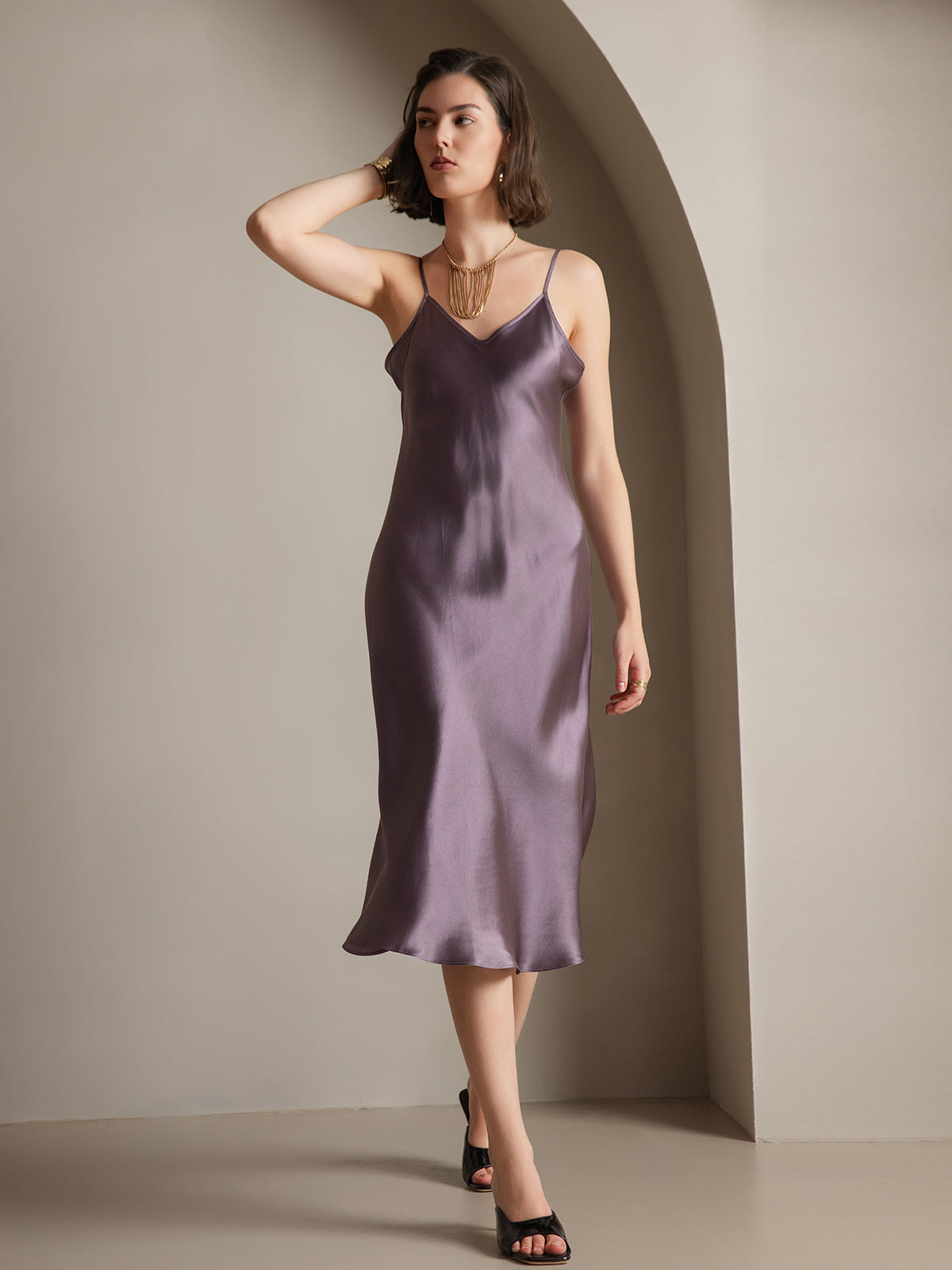 [Purple Gray] SilkSilky Pure Silk Deep V Neck Dress 006