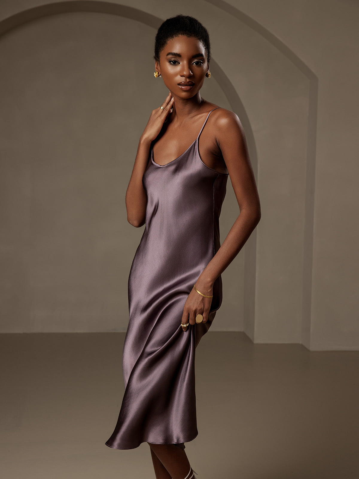 [Purple Gray] SilkSilky  Pure Silk Deep V Neck Dress 007