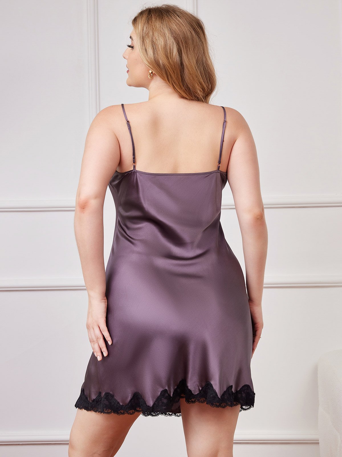 [Purple Gray] SilkSilky Pure Silk Deep V Neck Nightgown 002
