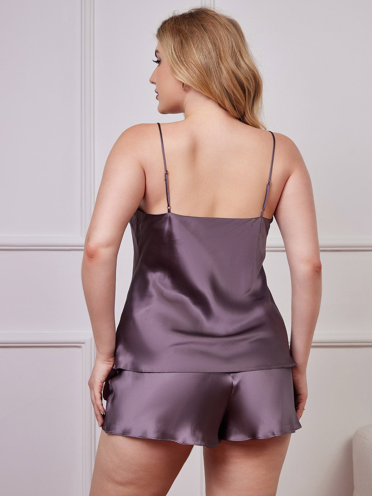 [Purple Gray] SilkSilky Pure Silk Deep V Neck Plus Size Camisole Set 002