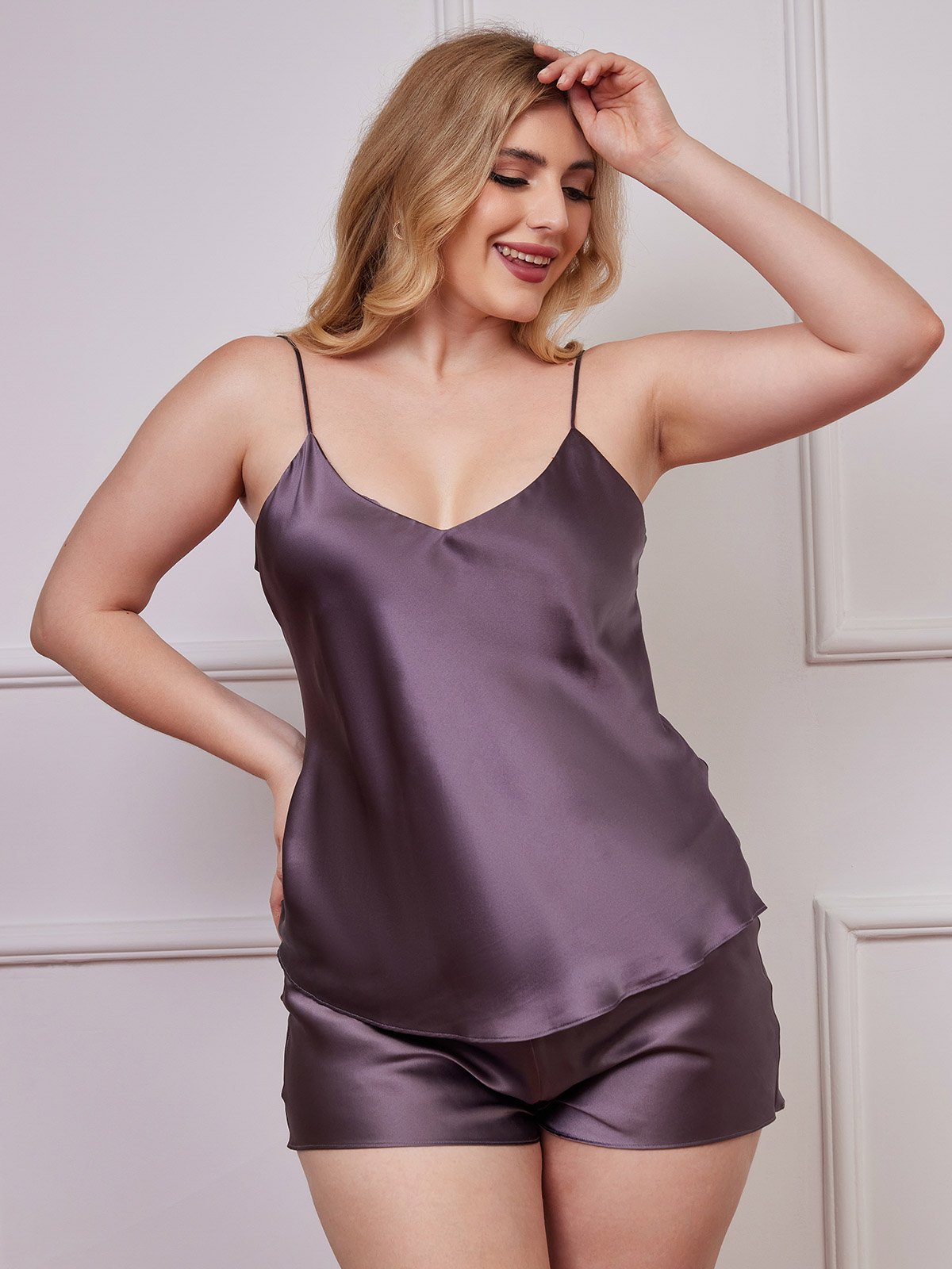 [Purple Gray] SilkSilky Pure Silk Deep V Neck Plus Size Camisole Set 003