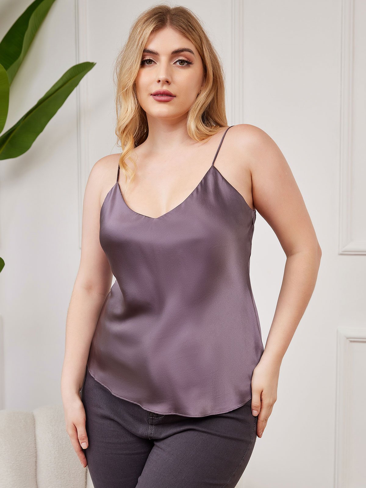 [Purple Gray] SilkSilky Pure Silk Deep V Neck Plus Size Camisole Top 003