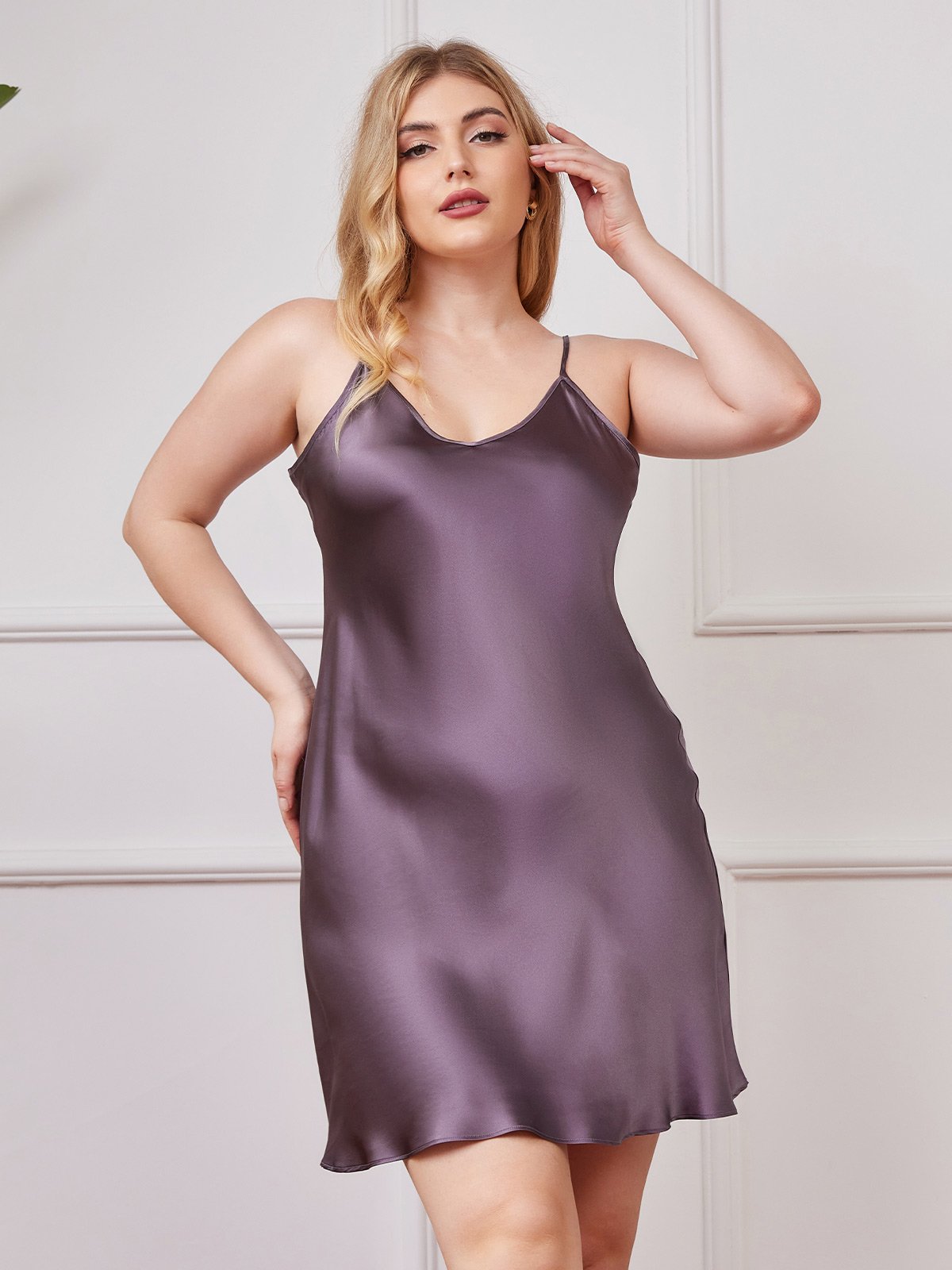 [Purple Gray] SilkSilky Pure Silk Deep V Neck Plus Size Dress 003