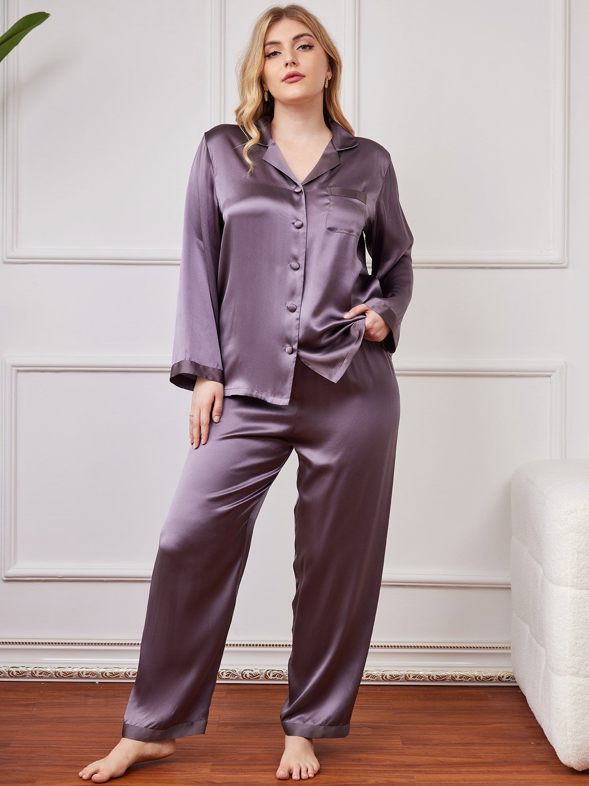 [Purple Gray] SilkSilky Pure Silk Long Sleeve Lapel Plus Size Pajamas 001