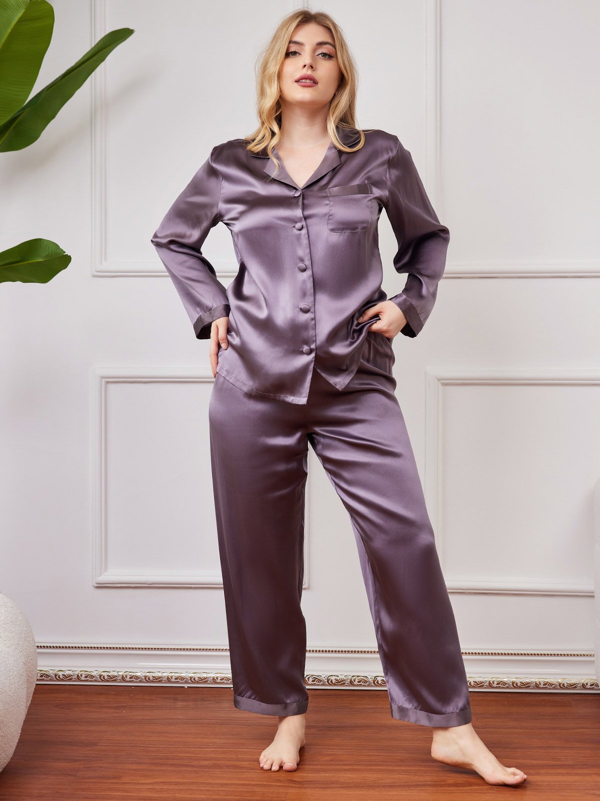 [Purple Gray] SilkSilky Pure Silk Long Sleeve Lapel Plus Size Pajamas 005
