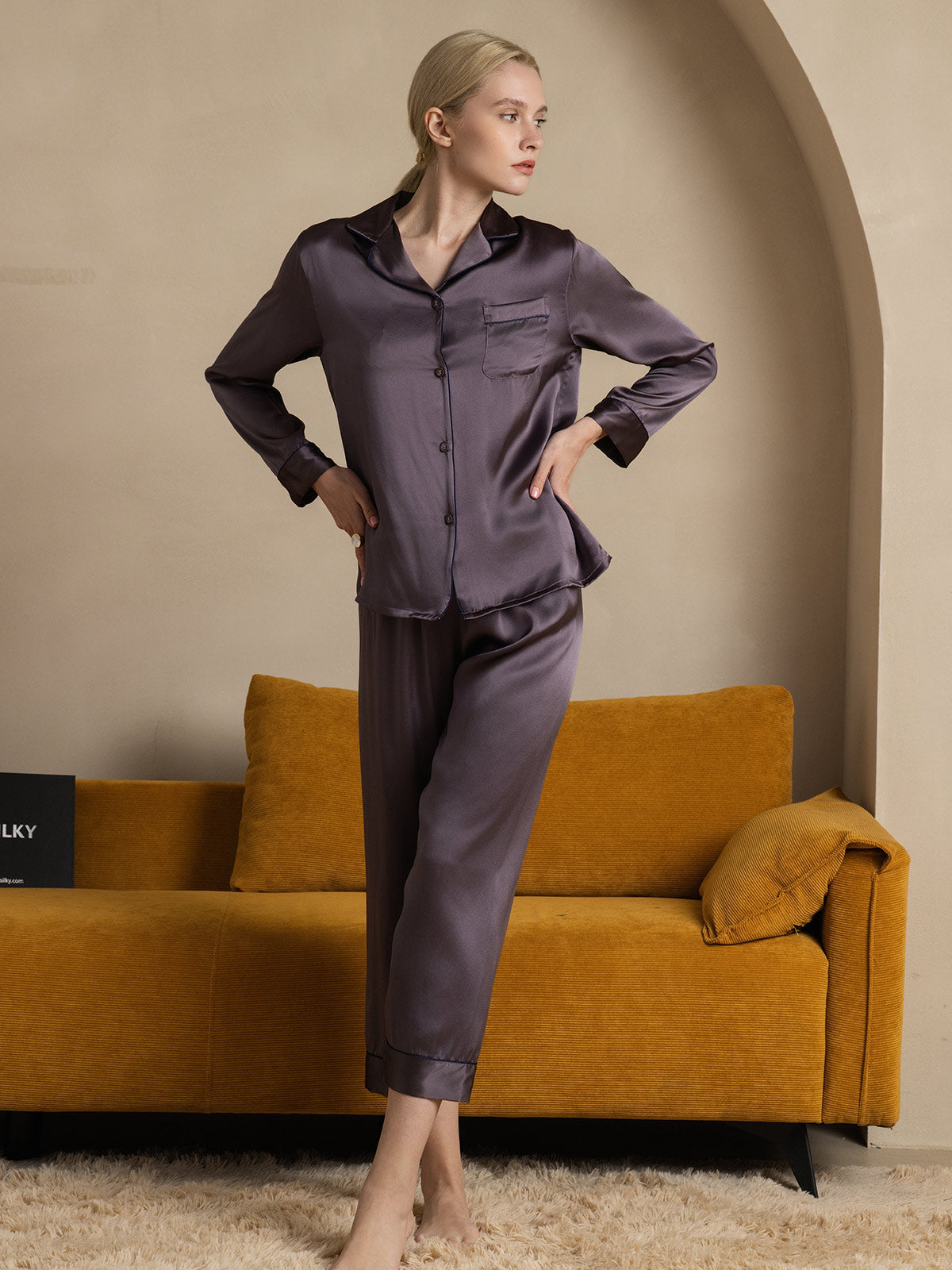 [Purple Gray] SilkSilky Pure Silk Long Sleeve Lapel Women's Pajamas 001