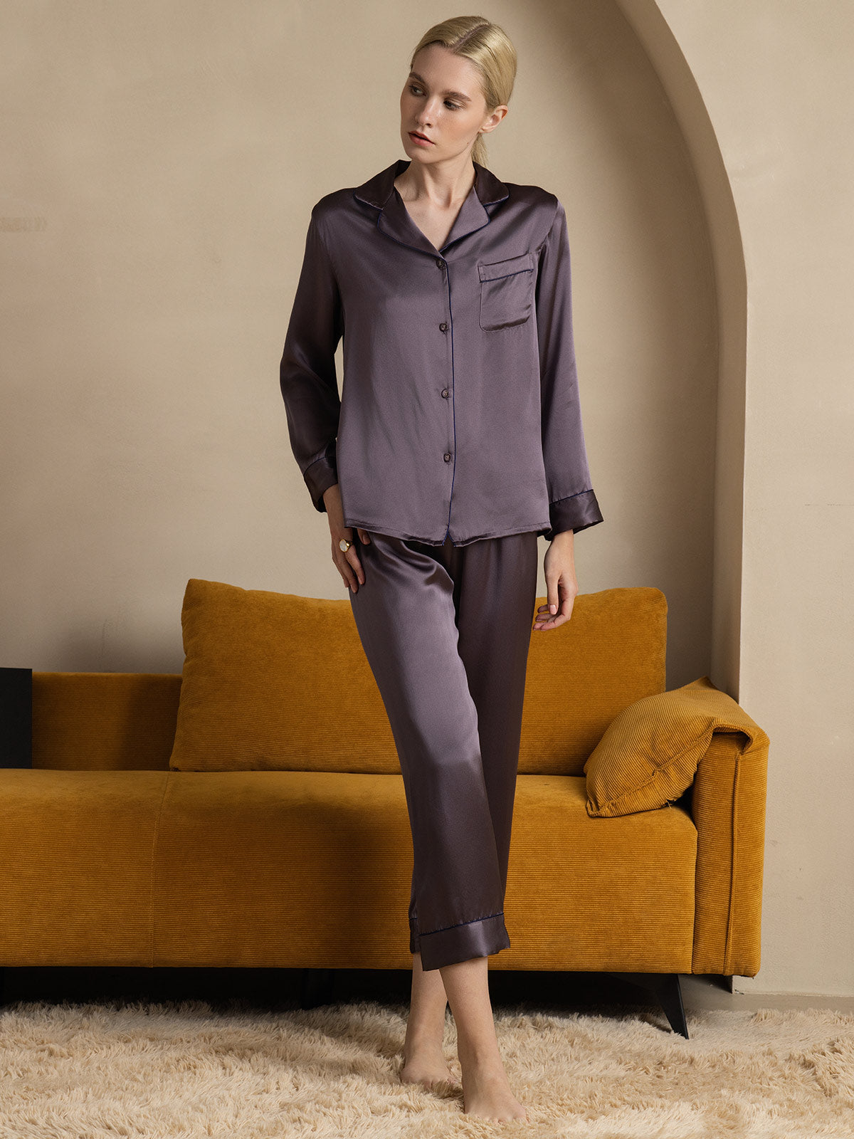 [Purple Gray] SilkSilky Pure Silk Long Sleeve Lapel Women's Pajamas 007