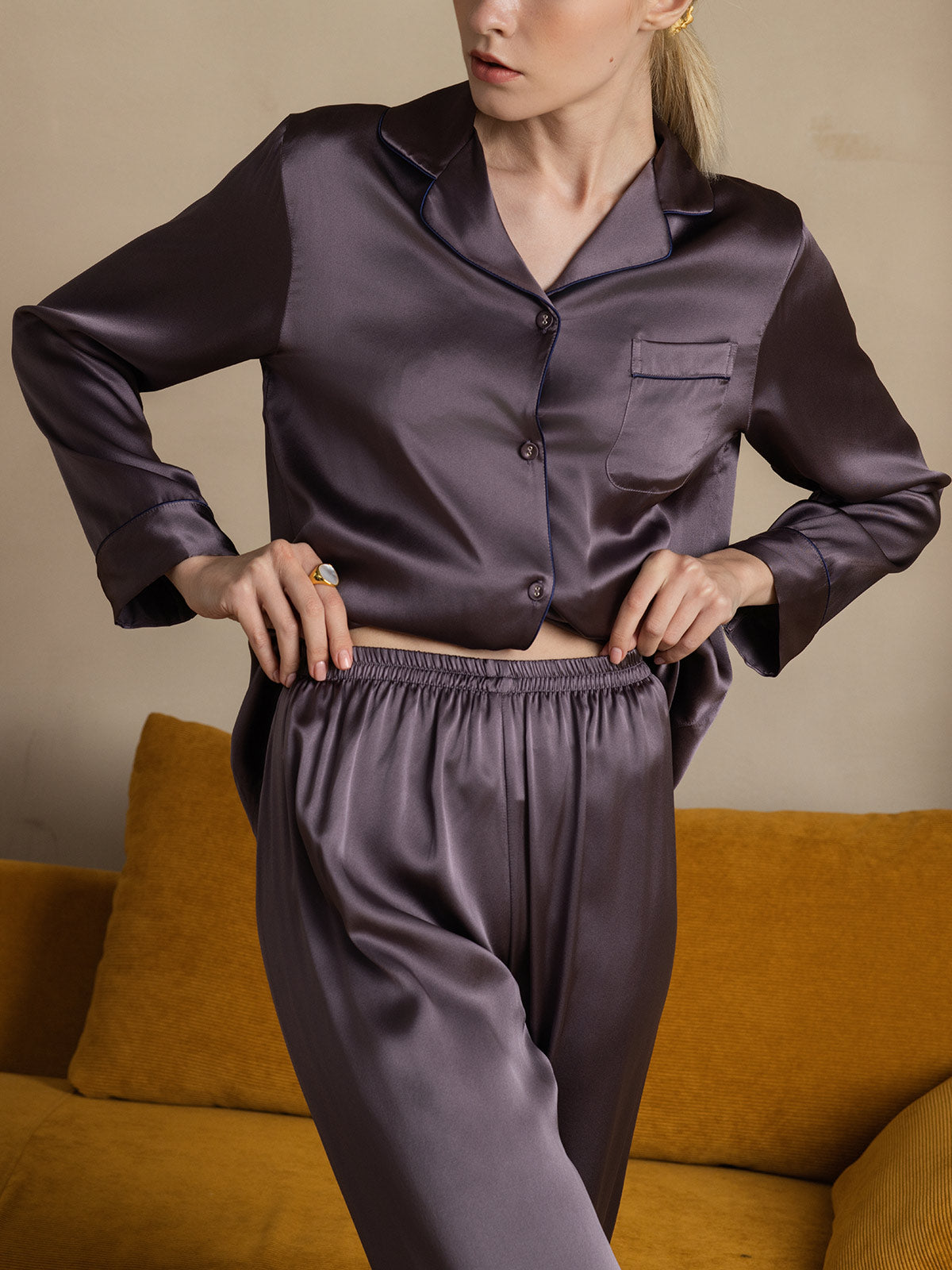 [Purple Gray] SilkSilky Pure Silk Long Sleeve Lapel Women's Pajamas 008