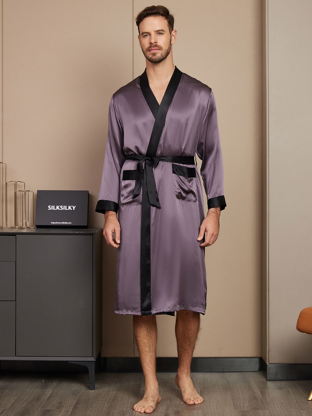 [Purple Gray] SilkSilky Pure Silk Long Sleeve Mens Robe 001