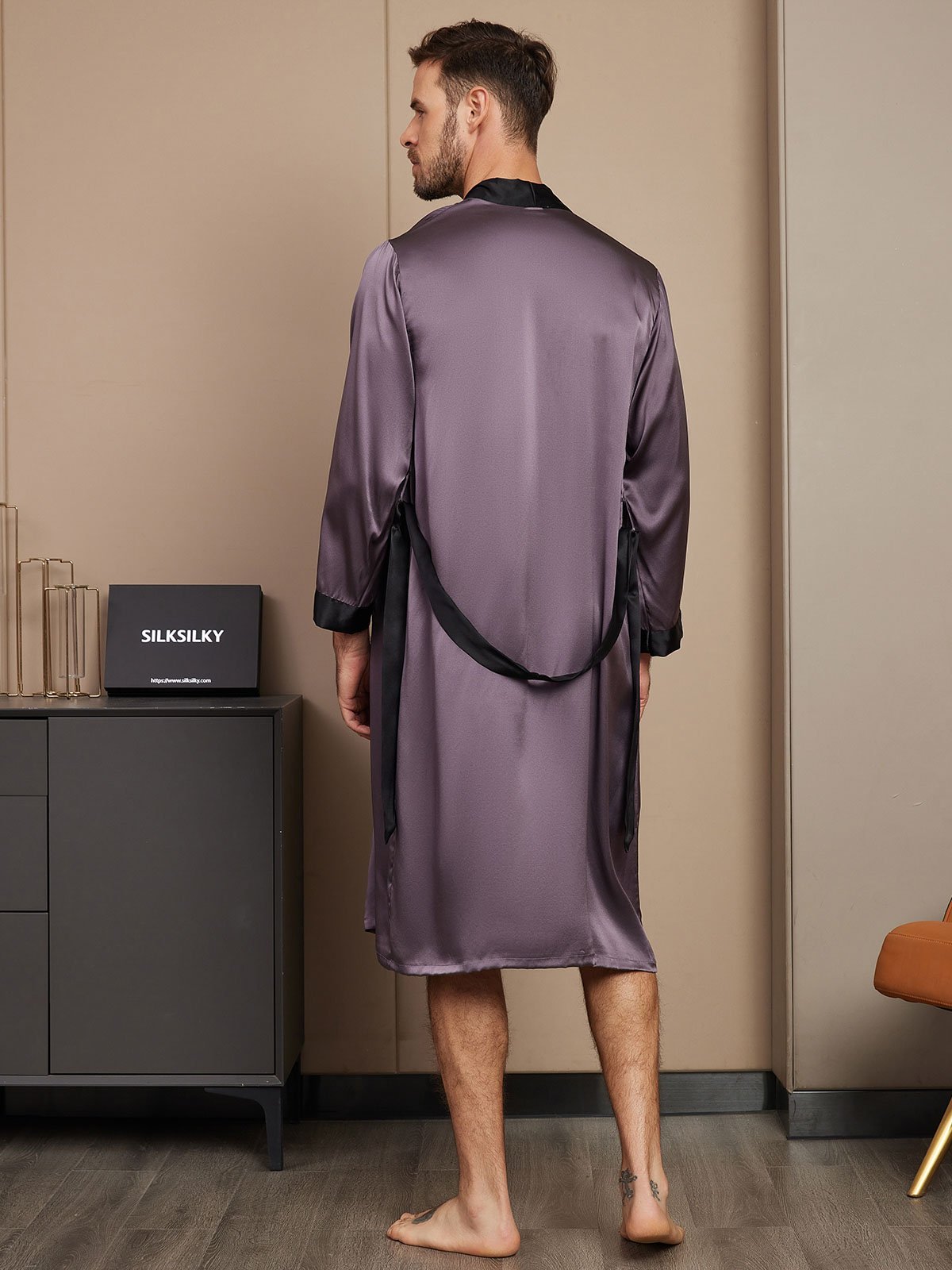 [Purple Gray] SilkSilky Pure Silk Long Sleeve Mens Robe 002