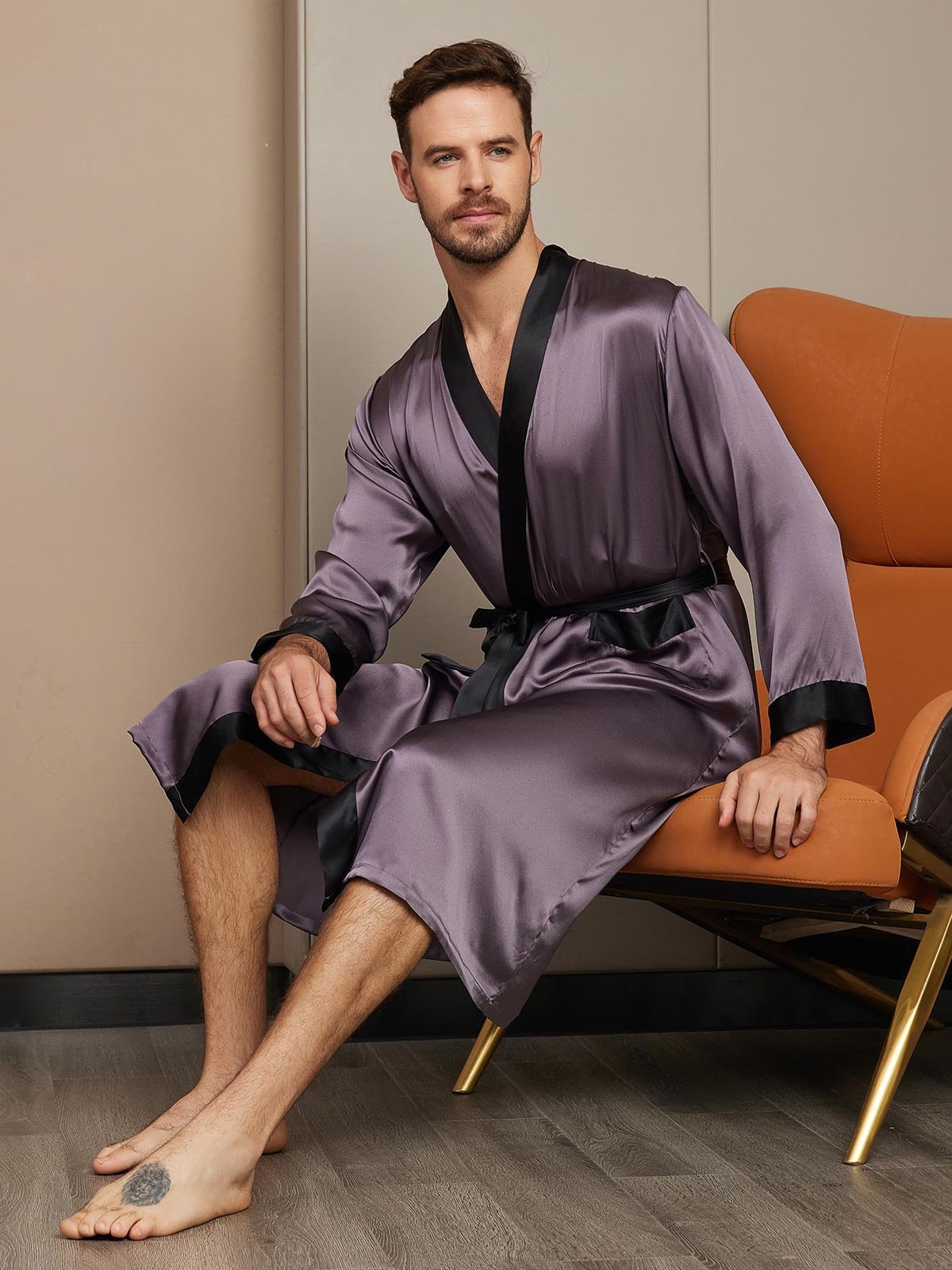 [Purple Gray] SilkSilky Pure Silk Long Sleeve Mens Robe 005