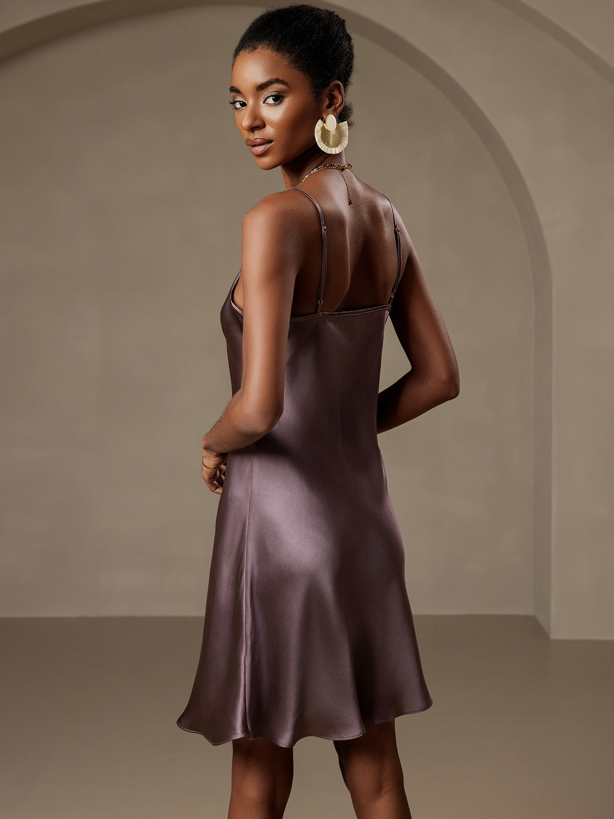 [Purple Gray] SilkSilky Pure Silk Sleeveless V Neck Dress 002