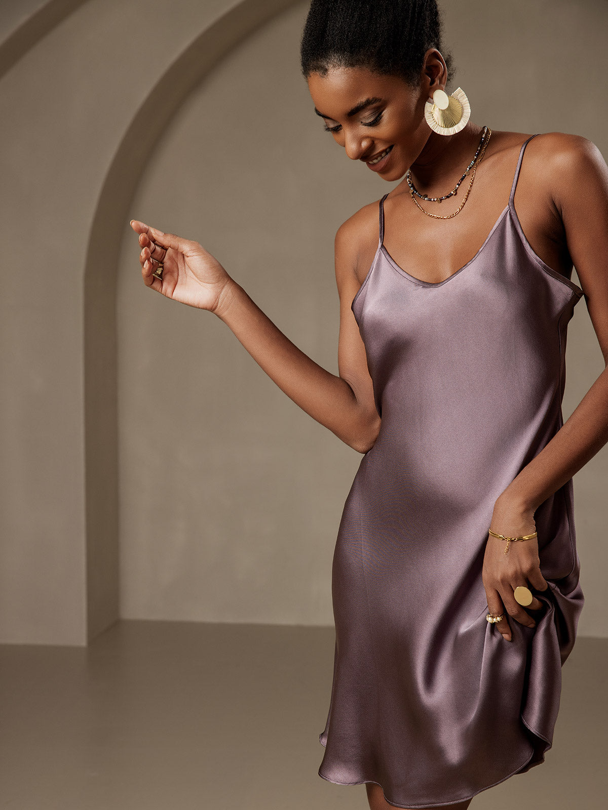 [Purple Gray] SilkSilky Pure Silk Sleeveless V Neck Dress 003