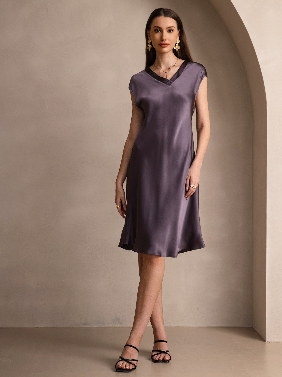 [Purple Gray] SilkSilky Pure Silk Sleeveless V Neck Dress 003