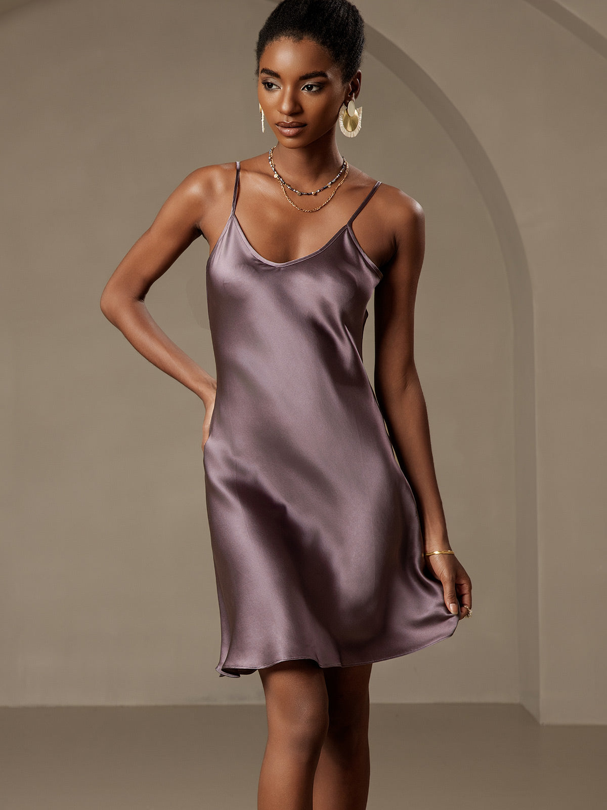 [Purple Gray] SilkSilky Pure Silk Sleeveless V Neck Dress 005