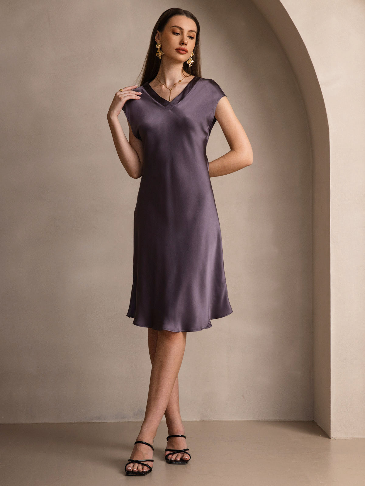 [Purple Gray] SilkSilky Pure Silk Sleeveless V Neck Dress 005